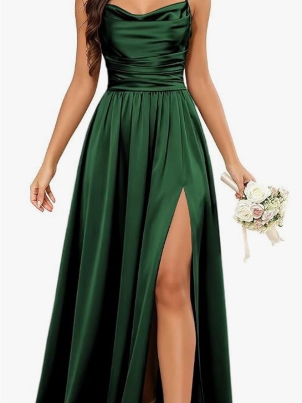 Emerald Green Satin Cowl Neck Evening Gown